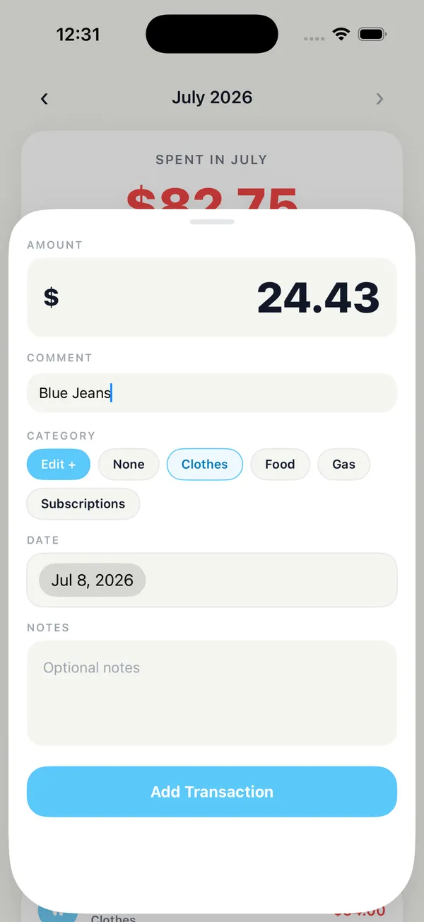 Simply Spend — add transaction screen